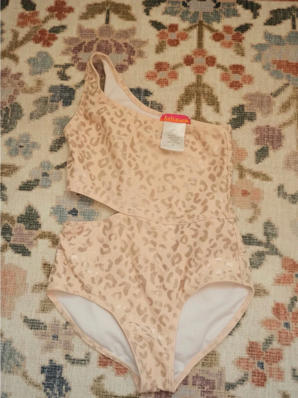 Girls' One-Shoulder Leopard Print One-Piece Swimsuit in Light Peach